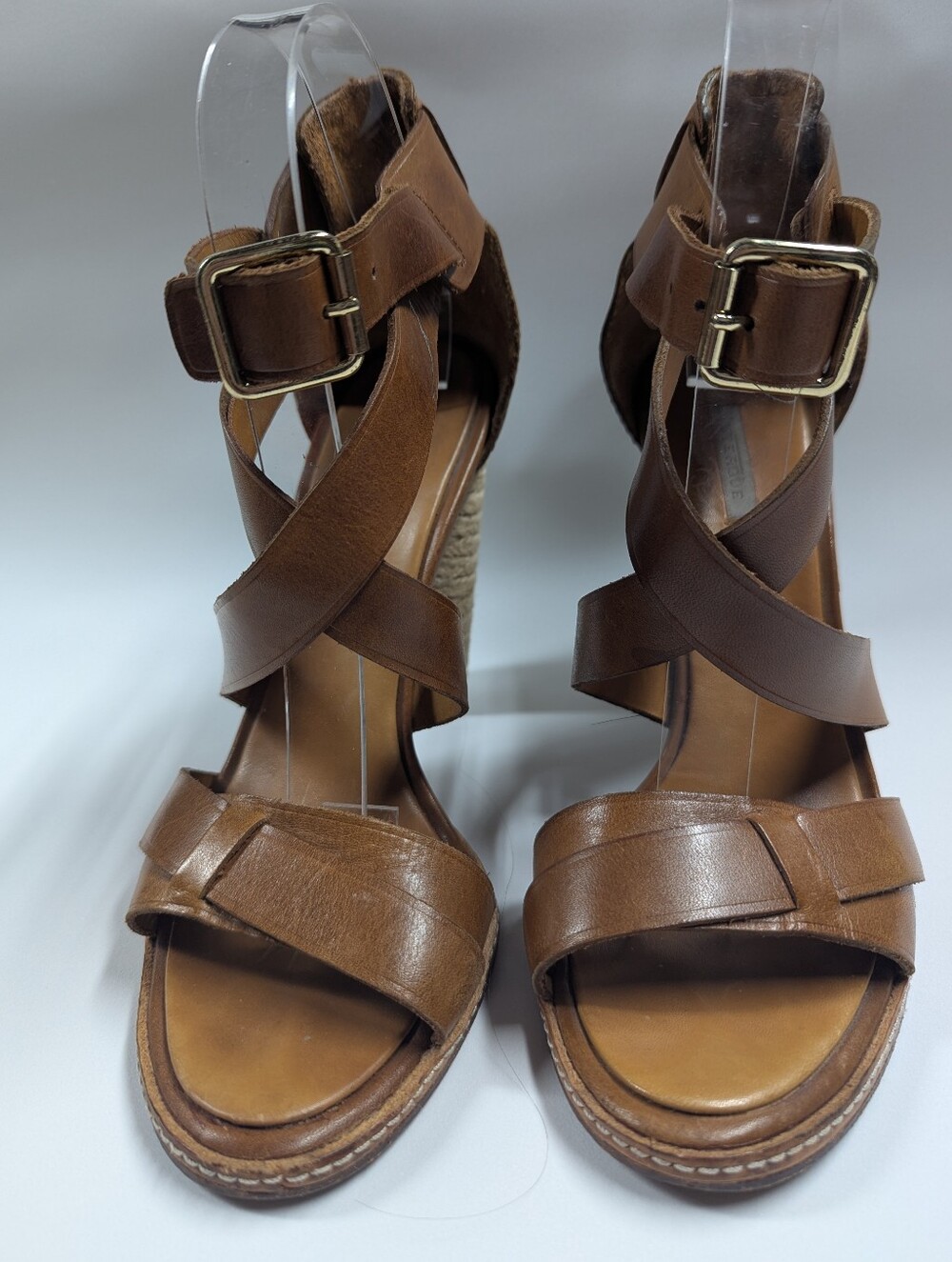 Uterque Brown Leather Strappy Espadrille Block Heel Sandals
